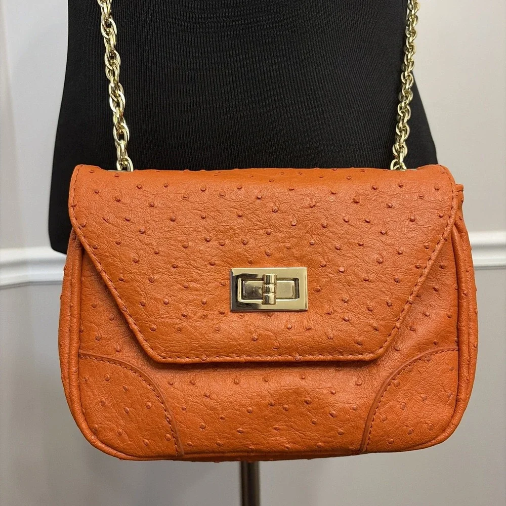 Chico's Bag Women's Orange Ostrich Textured Gold Chain Shoulder Handbag Purse